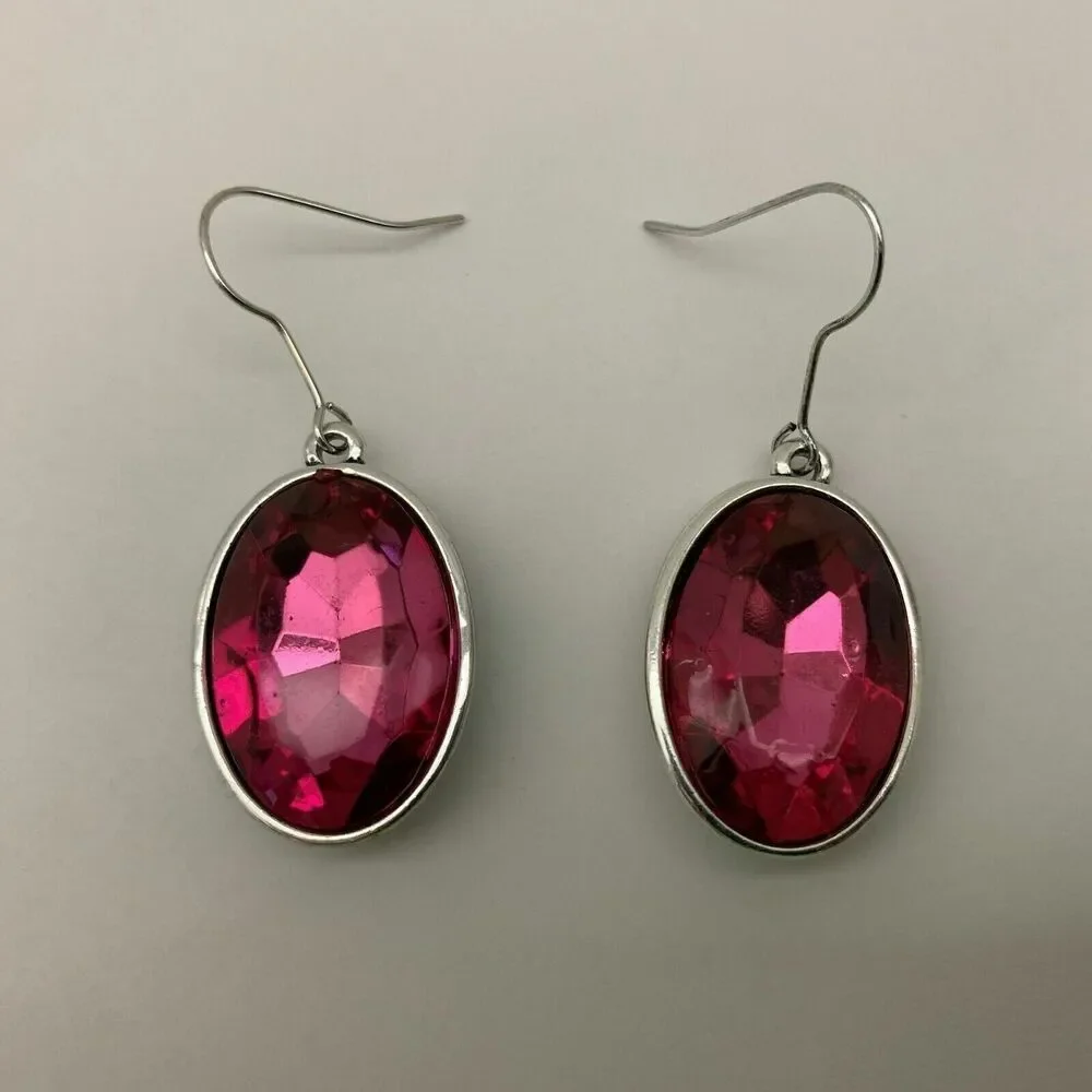 Women's‎ Necklace Dangling Earrings Set Pink Fuchsia Stone Silver-tone NWOT